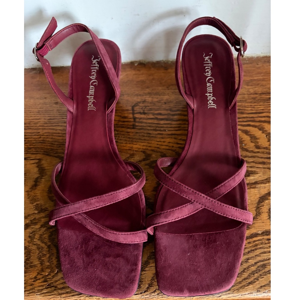 Jeffrey Campbell Burgundy Suede Strappy Square Toe Kitten Heel Sandals 9.5